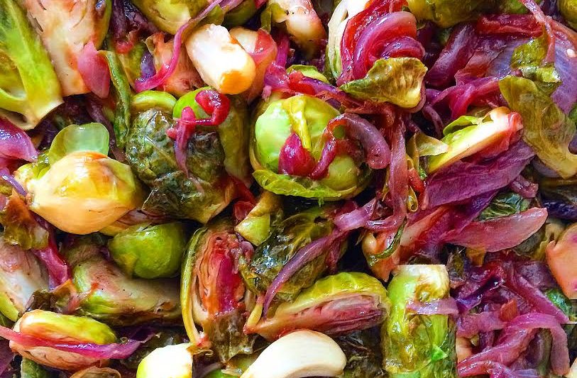 Garlic Lime Brussels with Caramelized Onions